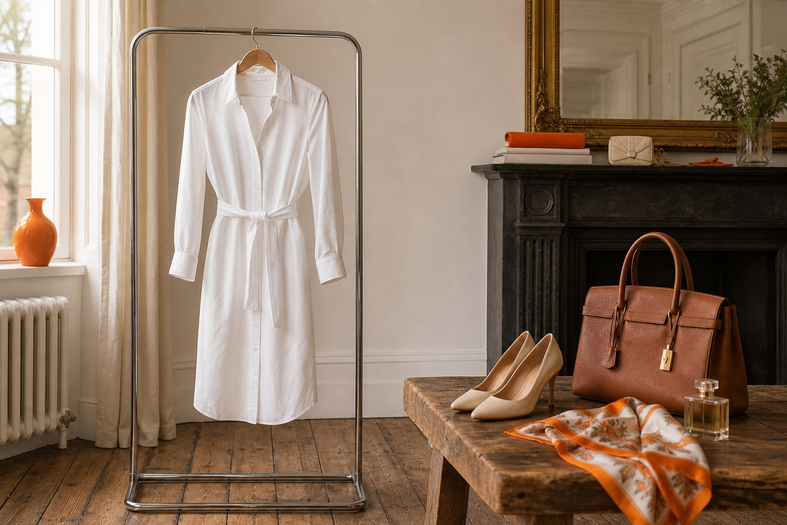 A realistic scene of a white shirt dress hanging on a simple rack beside a wooden floor, soft natural light, subtle oran