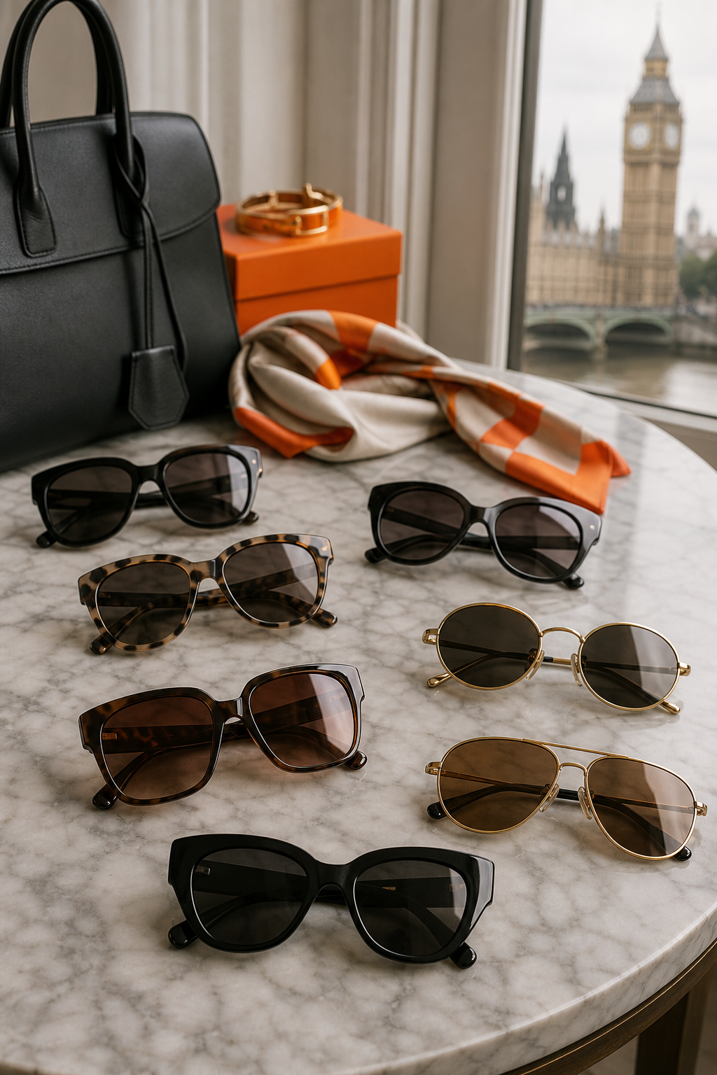 A realistic scene of a vintage designer sunglasses collection spread on a marble tabletop, soft shadows, subtle orange a