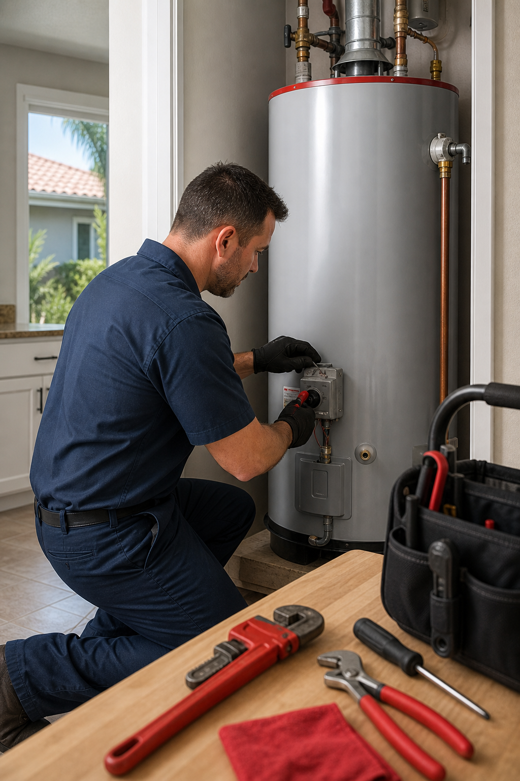 A realistic scene of a plumber in a Laguna Hills home checking a water heater, with orange‑blue accents, showing tools o