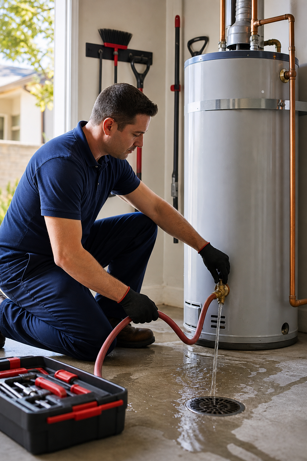 A realistic illustration of a technician performing a water‑heater flush inside a Laguna Hills home, showing clear pipes