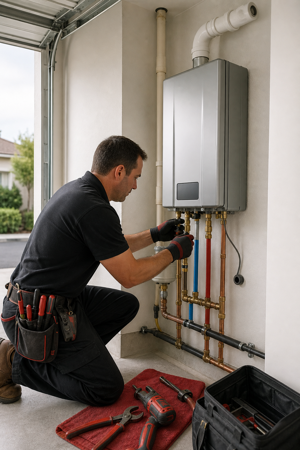 A realistic photo of a licensed plumber installing a tankless water heater in an Orange County home, showing tools and p