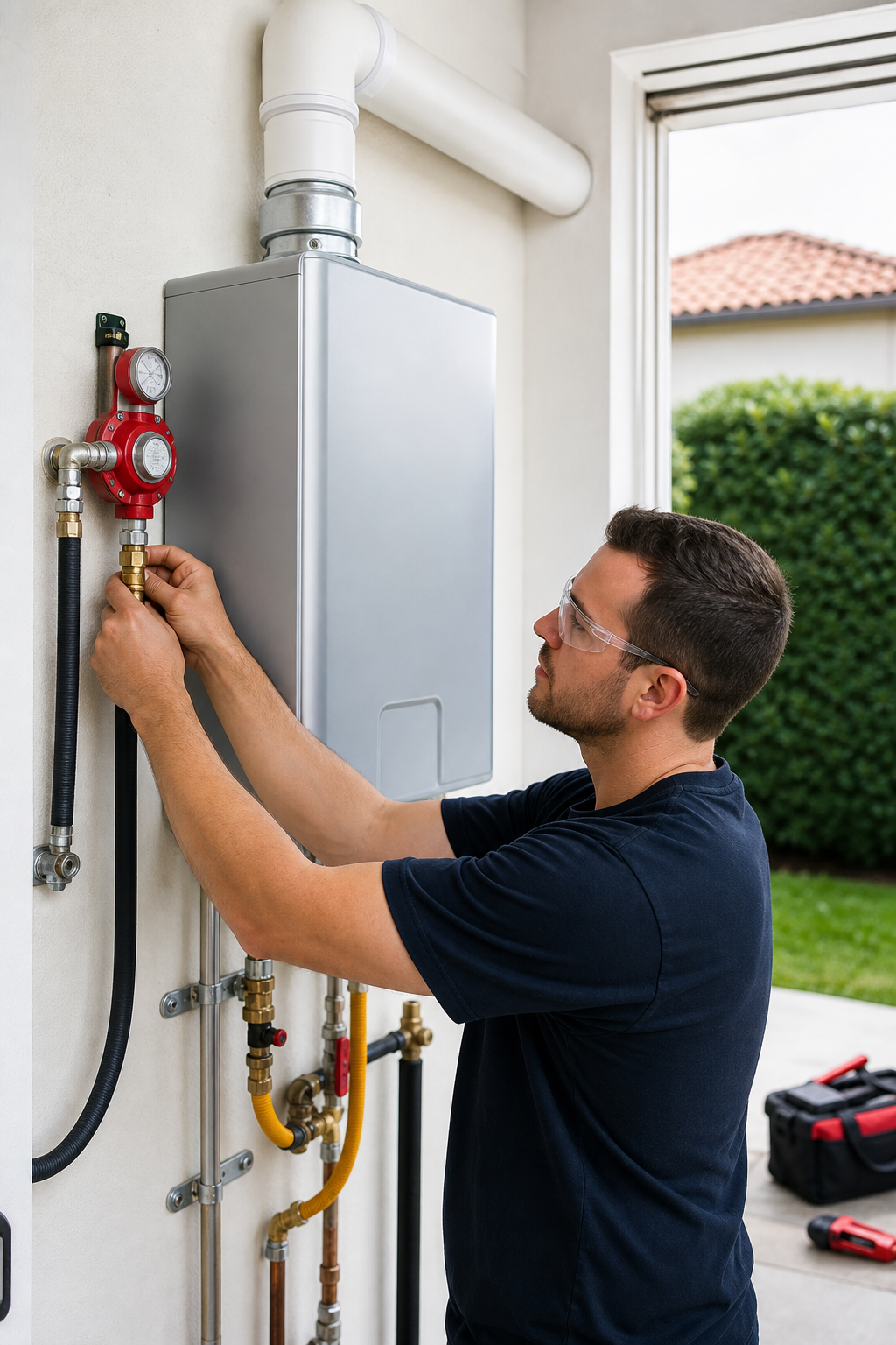 A realistic shot of a plumber connecting a propane tankless water heater, showing the regulator and vent stack, bright w