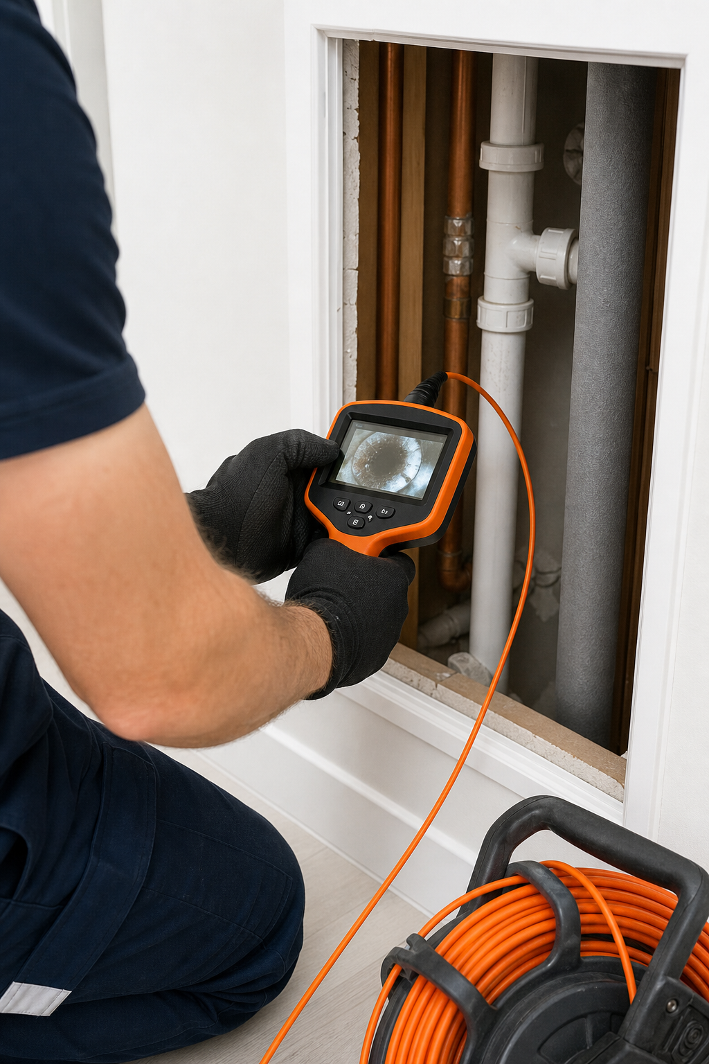 A realistic photo of a plumber using a leak detection camera inside a home wall, bright lighting, orange accents, clean 