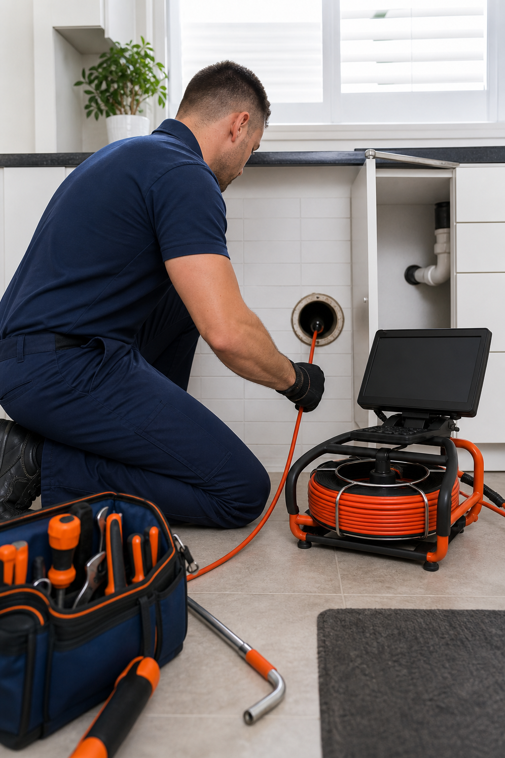 A realistic image of a plumber feeding a camera into a residential sewer pipe, orange‑blue tools, clean environment.