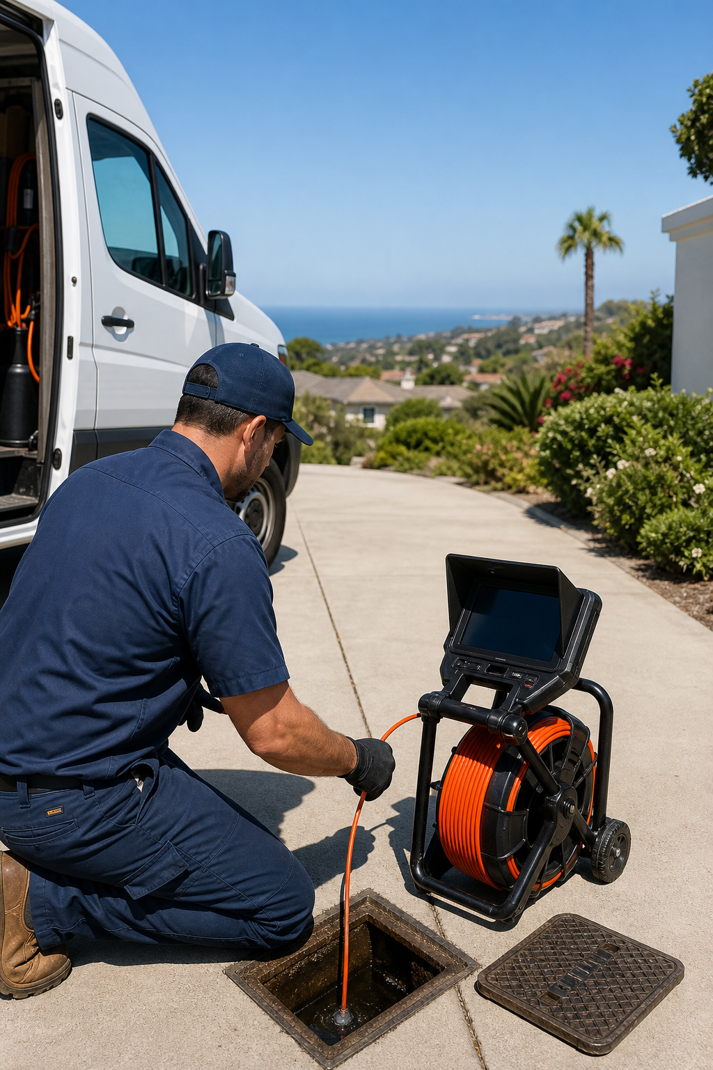 A realistic scene of a professional plumber using a camera inspection on a residential driveway in Laguna Niguel, orange