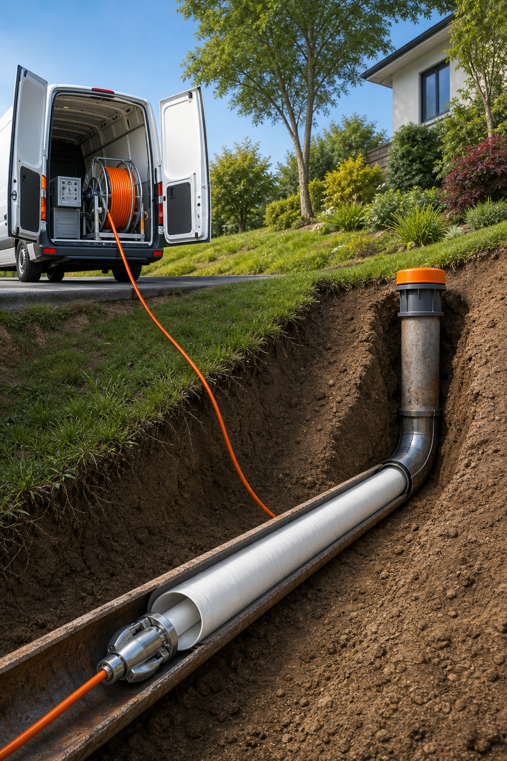 A clear illustration of a trenchless pipe lining operation on a sloped hillside, showing equipment and a cleanout point,