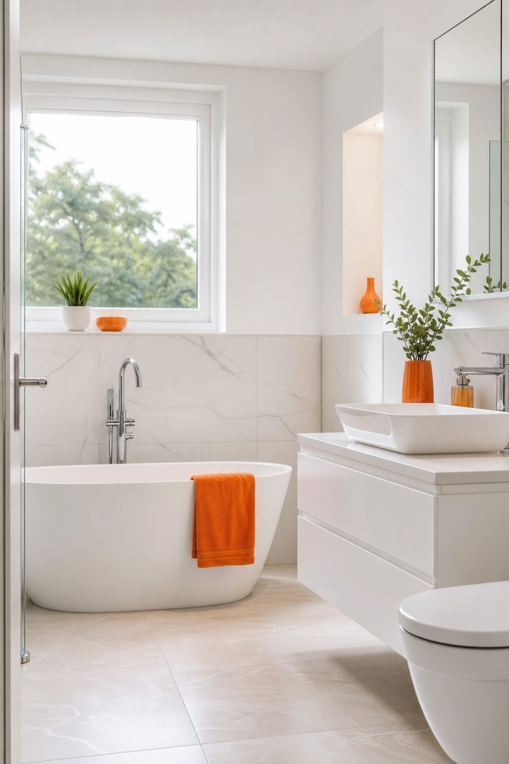 A realistic photograph of a modern bathroom remodel with sleek white fixtures, a freestanding tub, and subtle orange acc