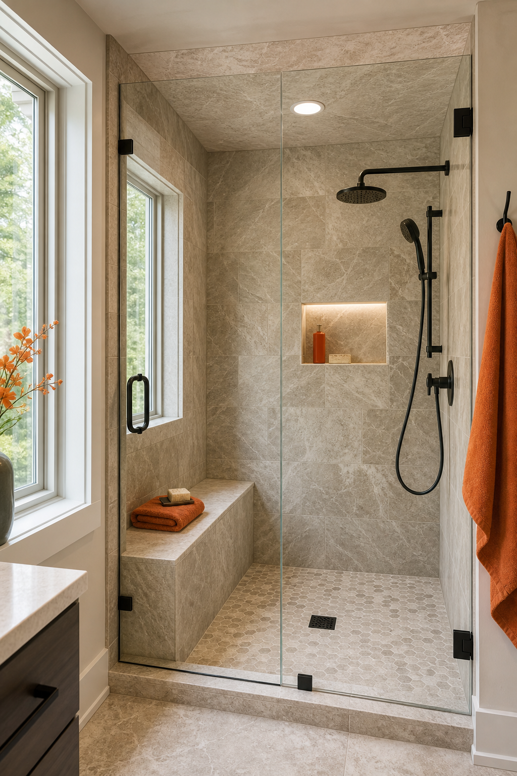 A realistic interior view of a newly converted walk‑in shower with glass walls, a built‑in bench, and polished stone til
