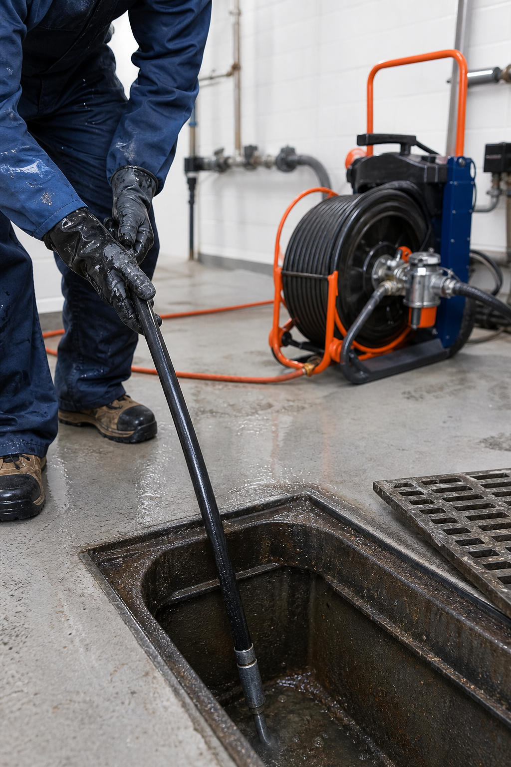 hydro‑jetting specialist clearing a stubborn clog