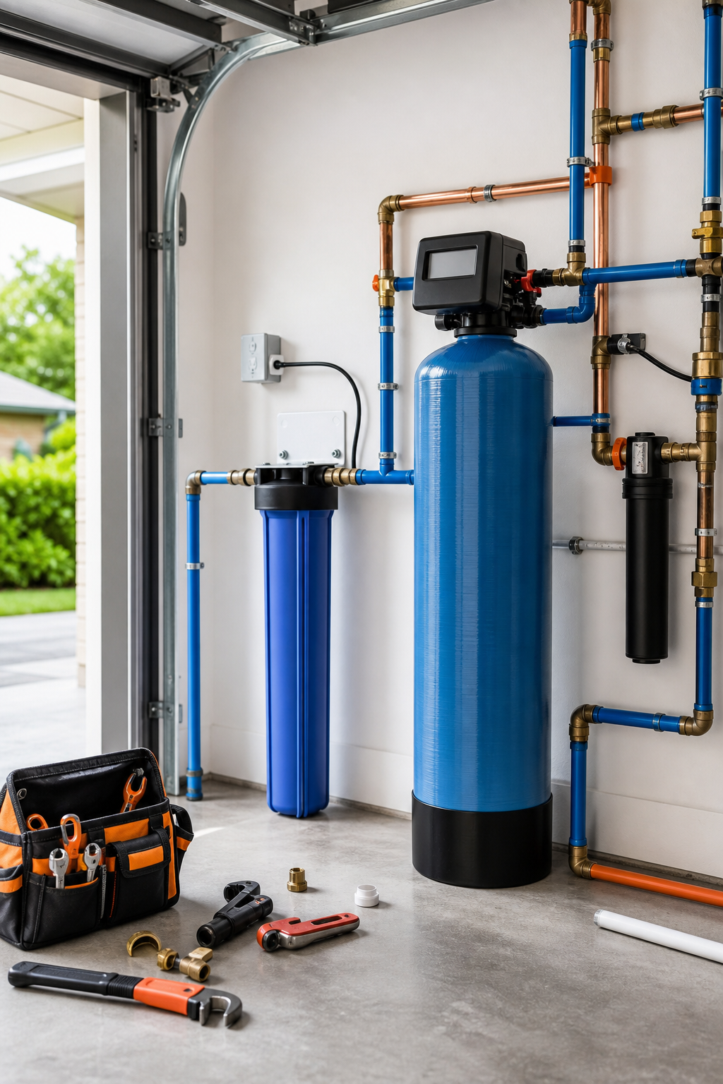 A realistic photo of a whole‑house water filtration unit being installed in a residential garage, with pipes and tools v