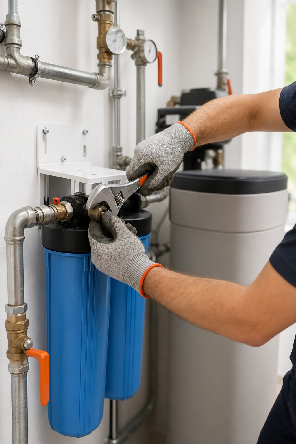 A realistic scene of a plumber from Hogan Plumbing tightening a fitting on a whole‑house filtration system, bright works