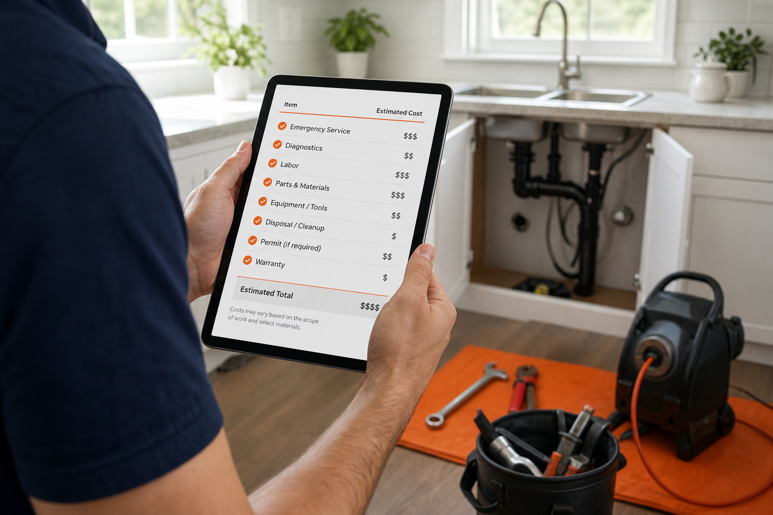 A realistic illustration of a homeowner reviewing a plumbing estimate on a tablet, with a visible checklist of cost item