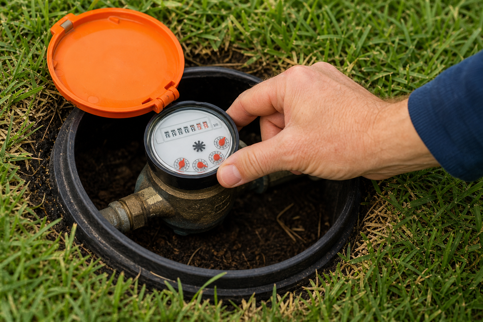 A realistic illustration of a homeowner reading a water meter on a lawn, showing the meter dial and a hand, with clear v