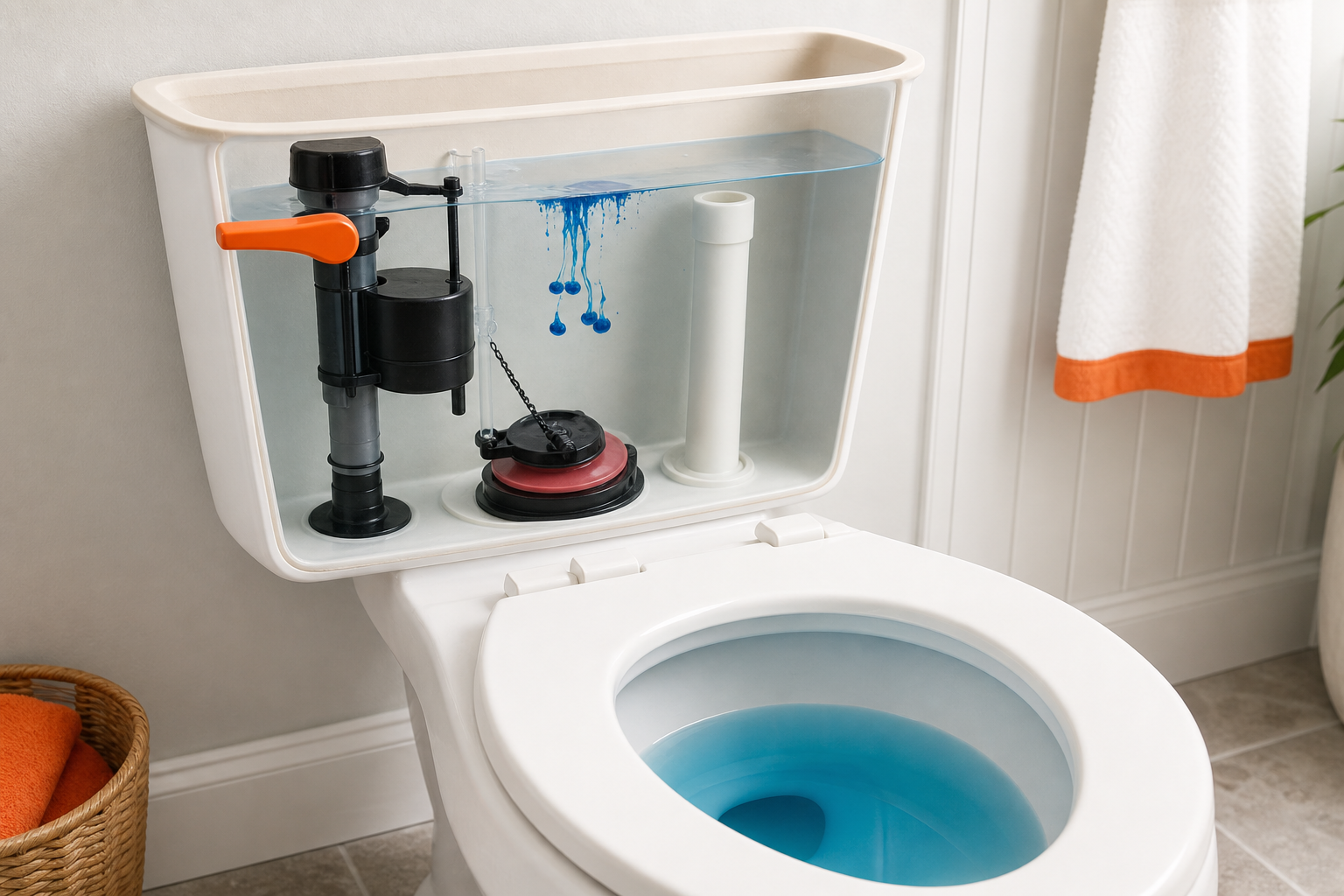 A clear, close‑up illustration of a toilet tank with a few drops of blue food coloring sinking into the water, and a vie
