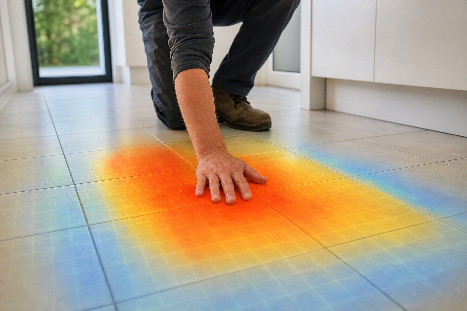 A realistic photo of a homeowner feeling a warm spot on a tiled floor, with a subtle infrared overlay showing temperatur