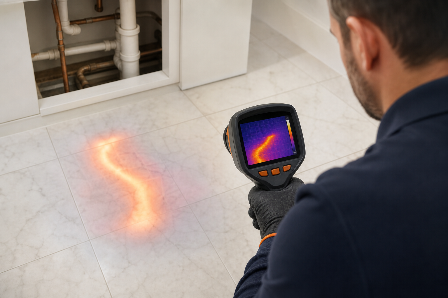 A realistic scene of a plumber using a thermal imaging camera on a tiled floor, showing a hot‑spot overlay, alt: "therma
