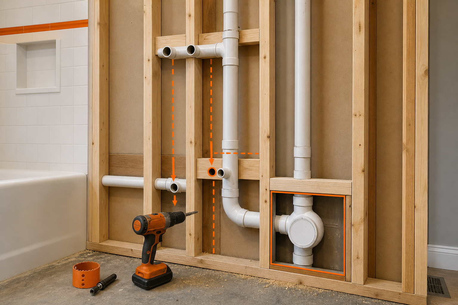bathroom structural constraints and cleanout placement diagram