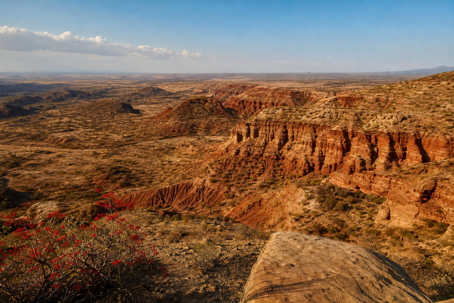 A vivid panorama from the Olduvai viewpoint, showing the red‑orange layered cliffs stretching into the horizon, with a c