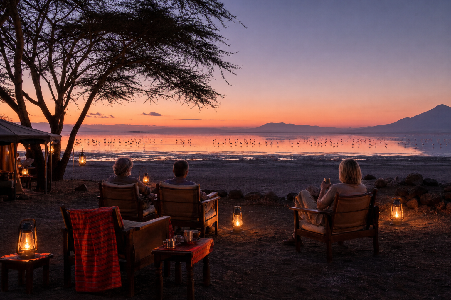 camp setup on Lake Natron with flamingos nearby.
