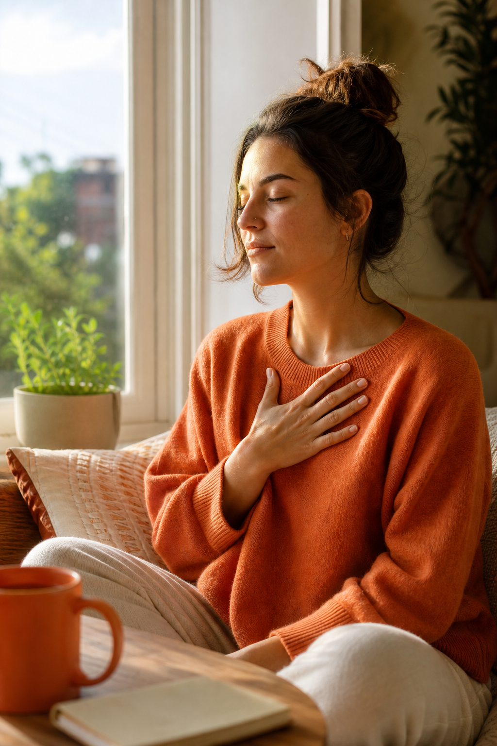 person practicing emotional check-in mindfulness at home.