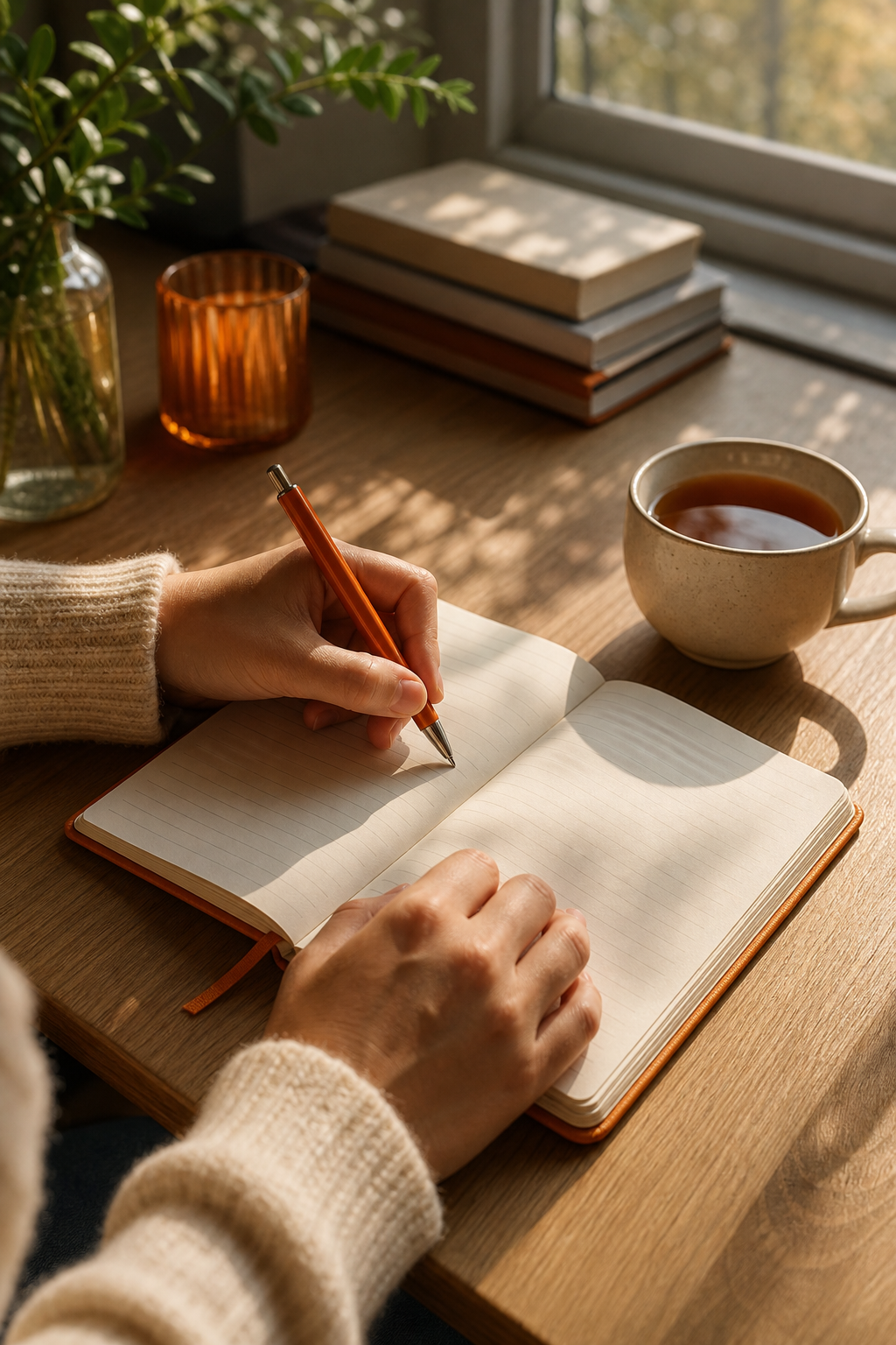 person writing in a reflective therapy journal as part of a daily mental health routine.