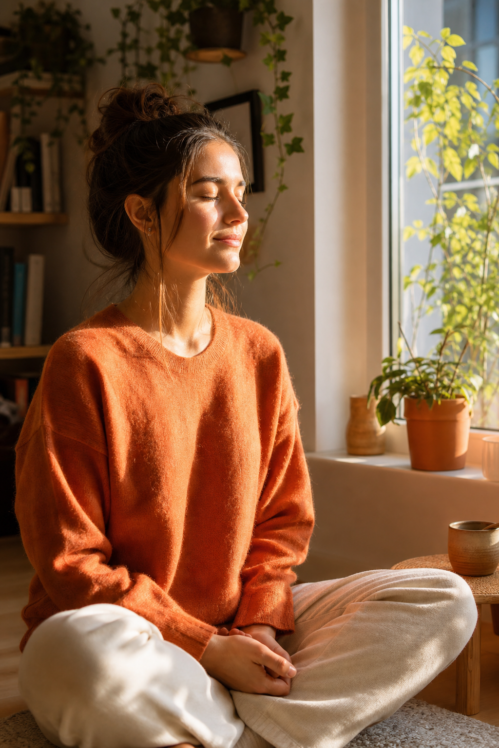person practicing daily compassion meditation at home for mental wellness.