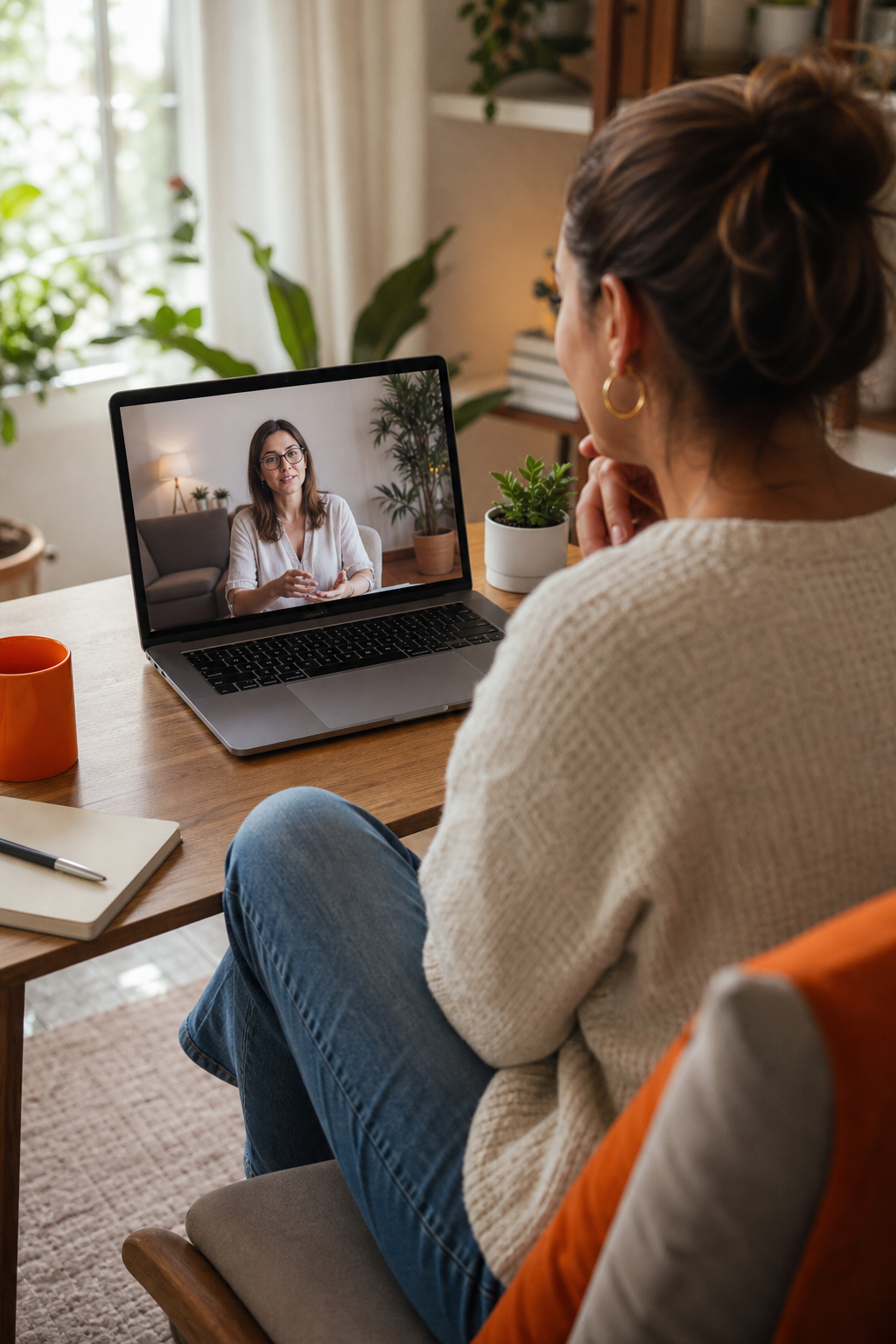 person receiving online therapy via telehealth from a licensed therapist in California.
