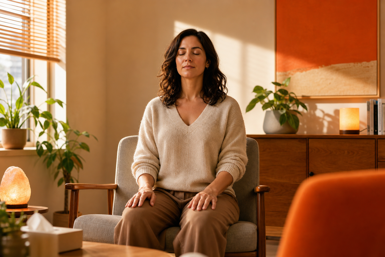 person practicing mindful regulation skills in a calm therapy setting.