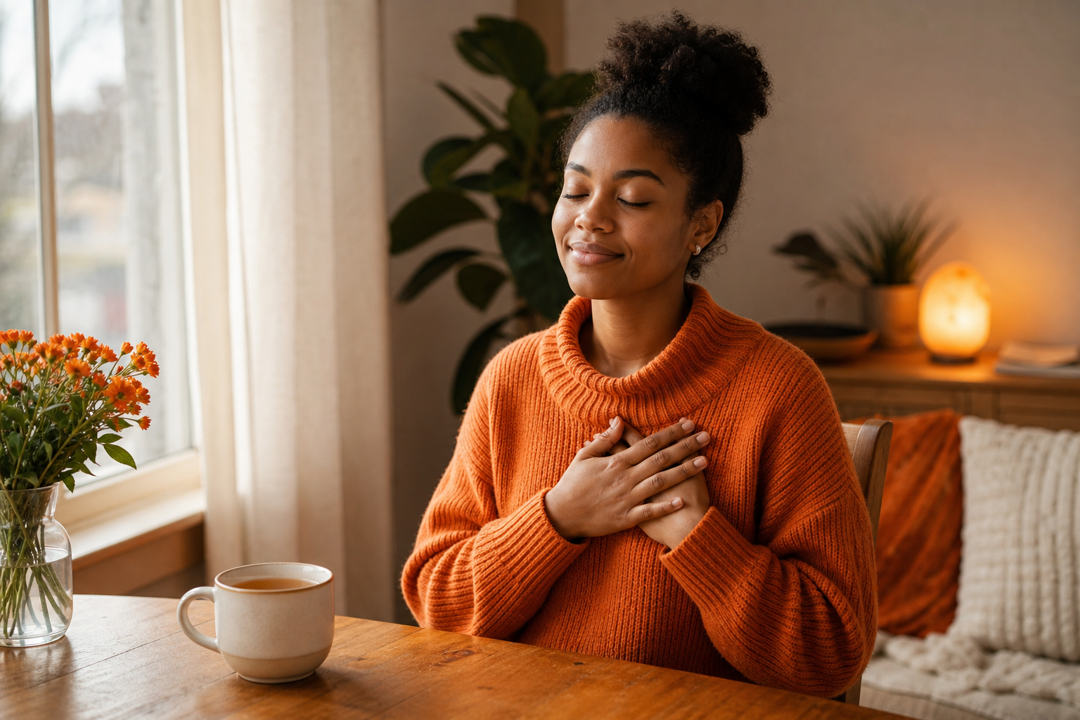 person practicing a self-compassion break at home, hands over heart in a warm, calm setting.