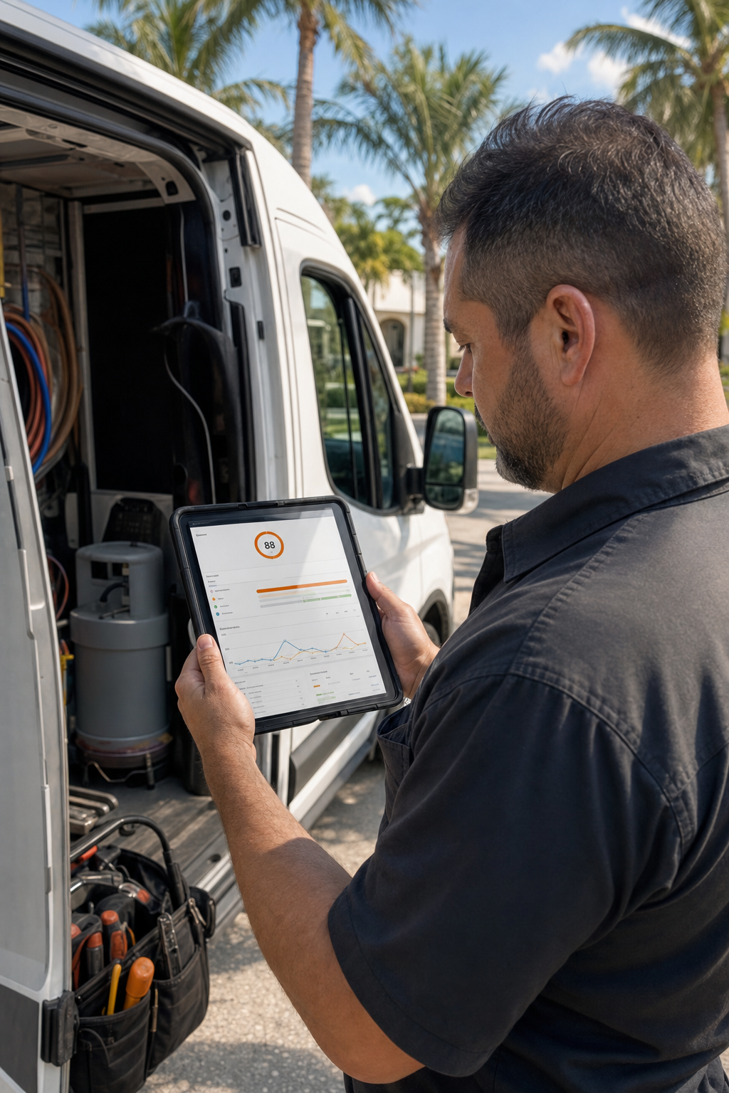 South Florida HVAC business owner reviewing technical SEO audit on tablet.