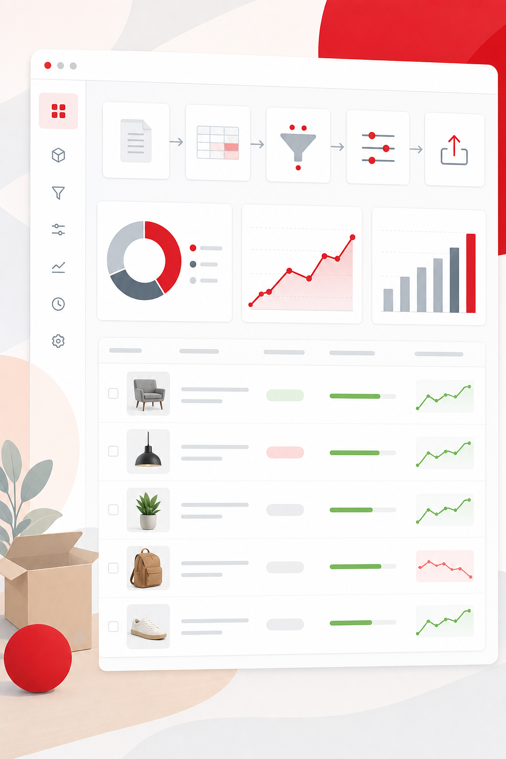 Illustration of a dashboard showing Feedonomics feed optimization workflow, with charts and product listings