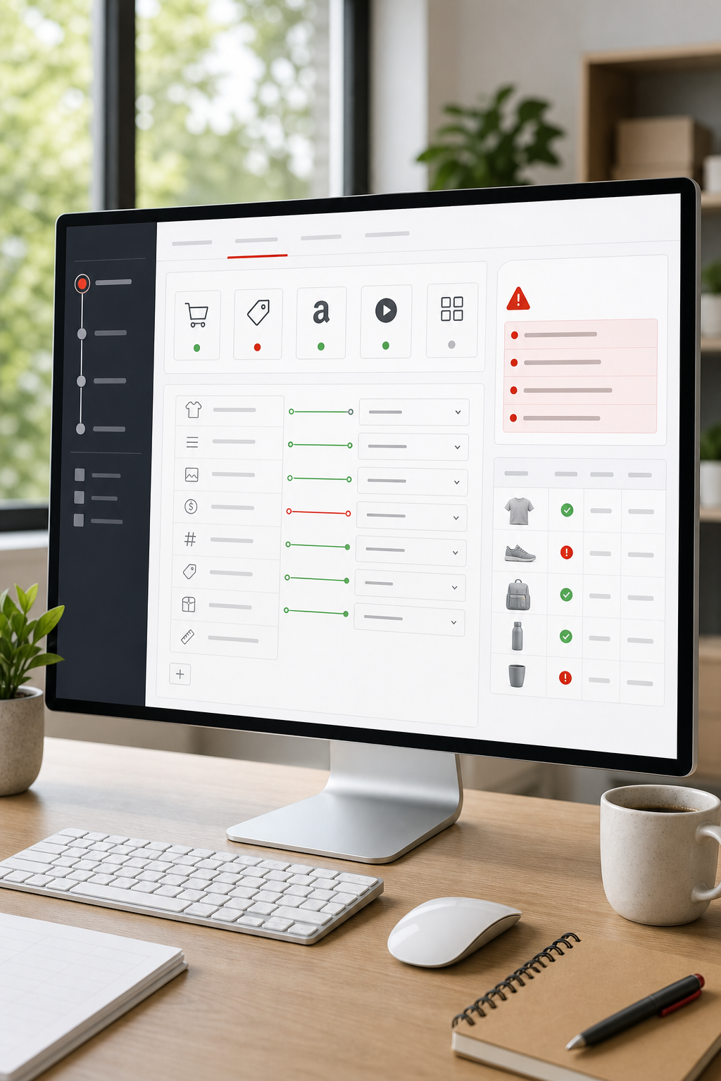 Illustration of DataFeedWatch interface with multi‑channel mapping and error detection panels