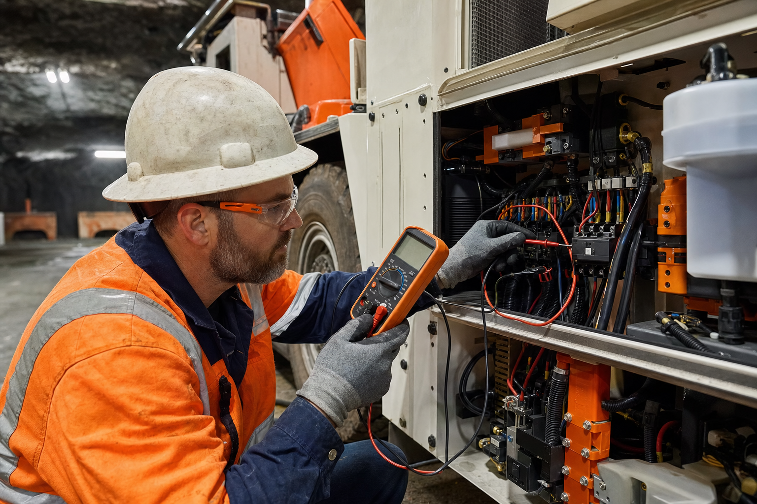 Technician troubleshooting MSHA rated mobile HVAC system with multimeter.