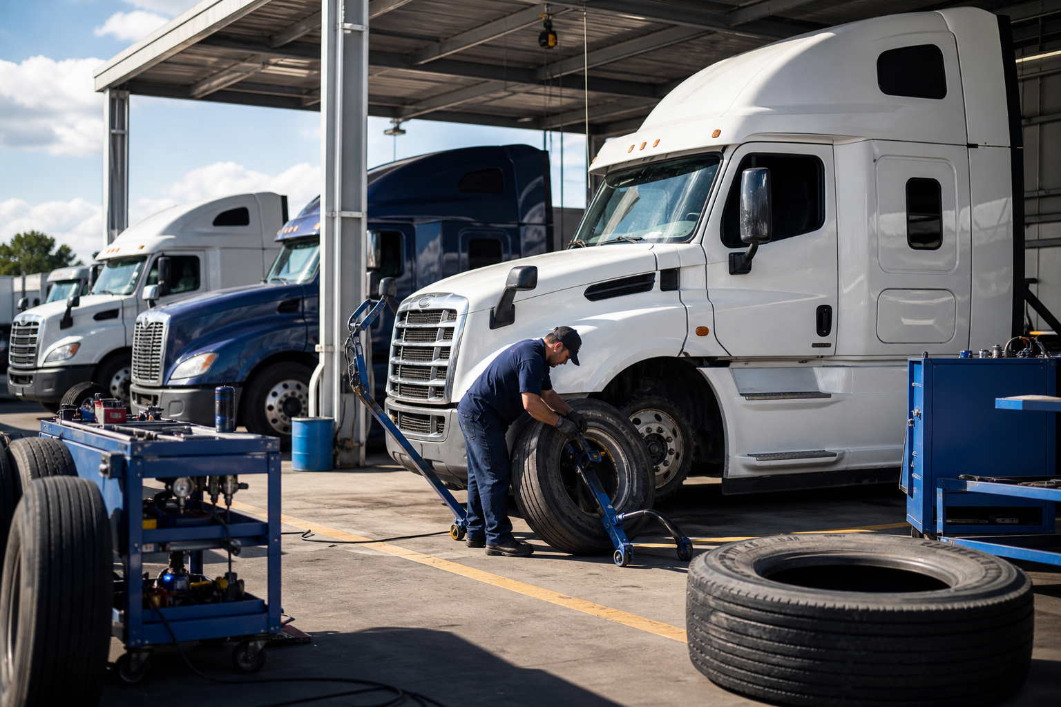 A realistic photo of a fleet of semi‑tractors parked at a Bridgestone service center, technicians working on tires, brig