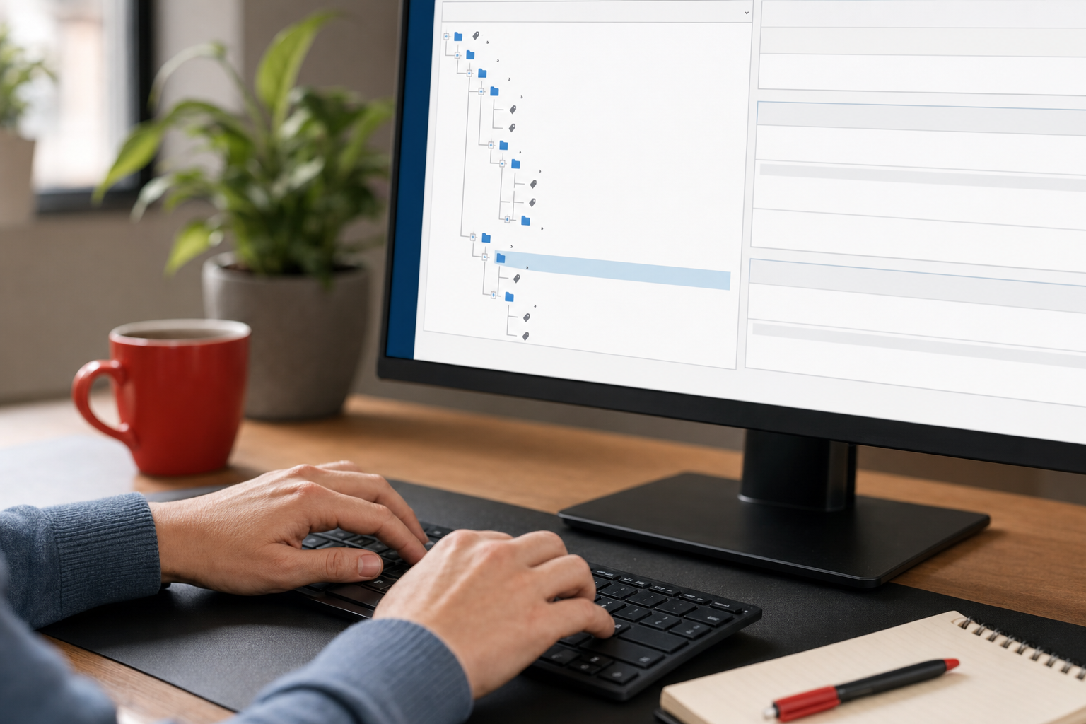 Hands at a keyboard with a document tag-tree editor panel visible on a monitor in the background.