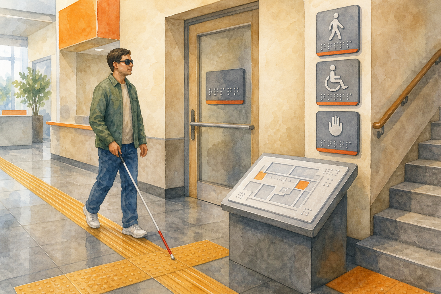 señalética accesible en interiores con braille, pictogramas táctiles, losetas podotáctiles y mapa háptico.