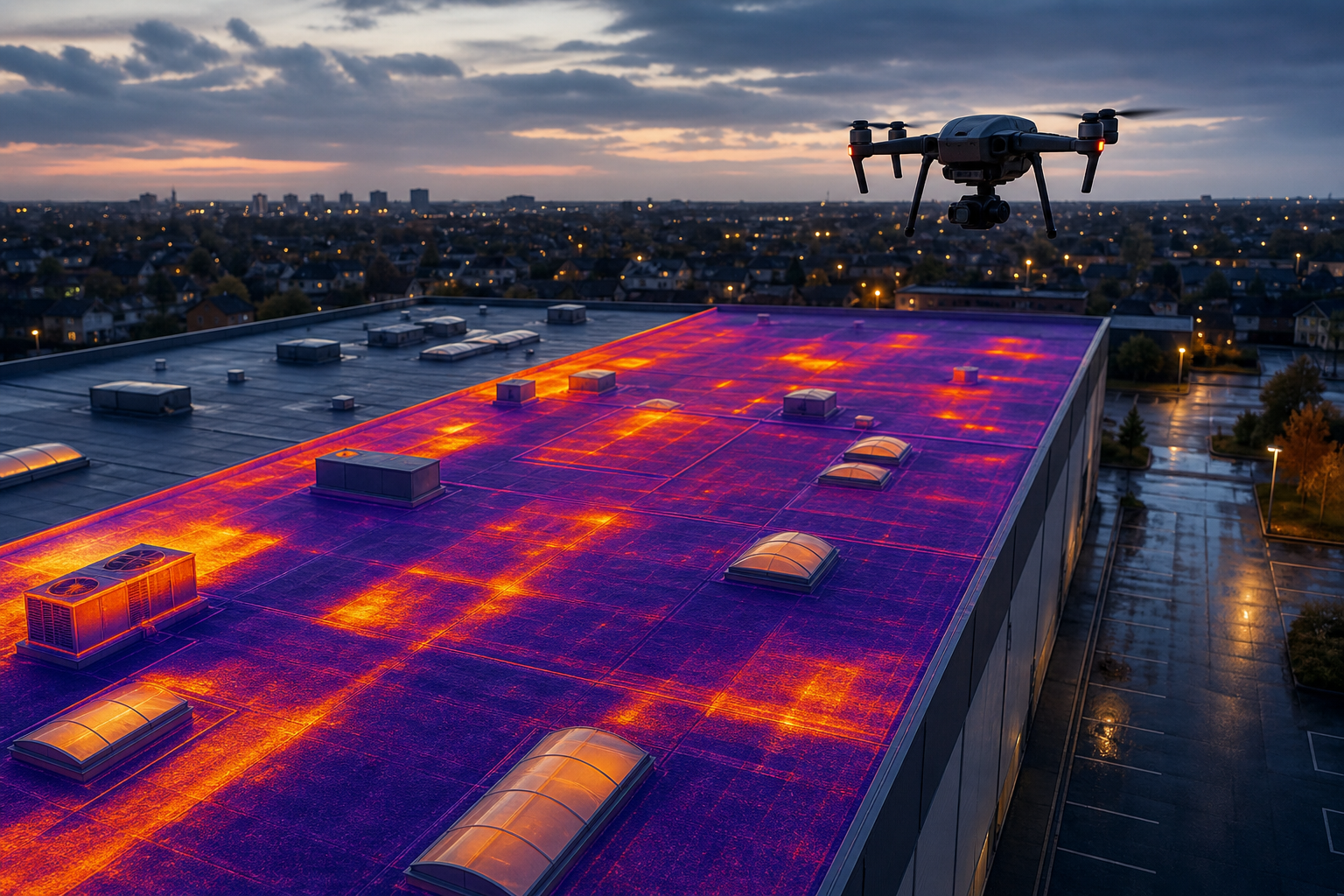 A realistic drone with thermal camera surveying a large commercial flat roof at dusk, showing detailed thermal overlay,