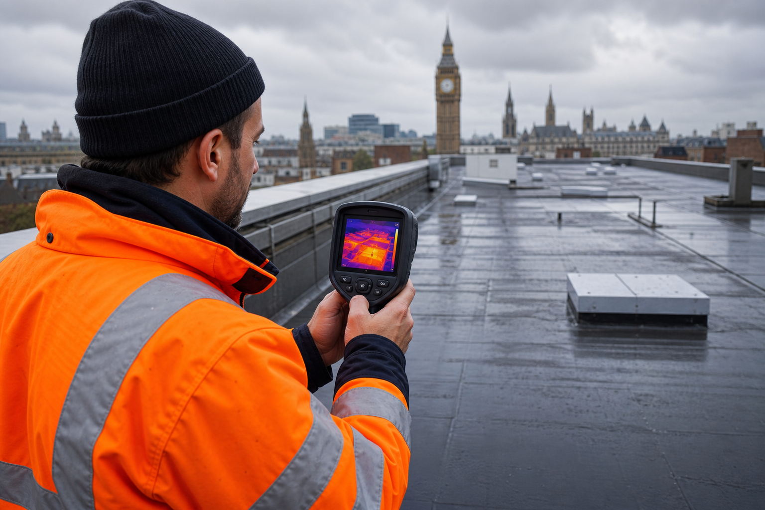 Ground crew using handheld thermal camera on a commercial roof, Realism style, alt: handheld thermal roof inspection