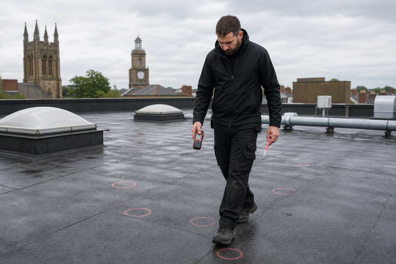 commercial flat roof visual inspection with chalk markings and moisture meter