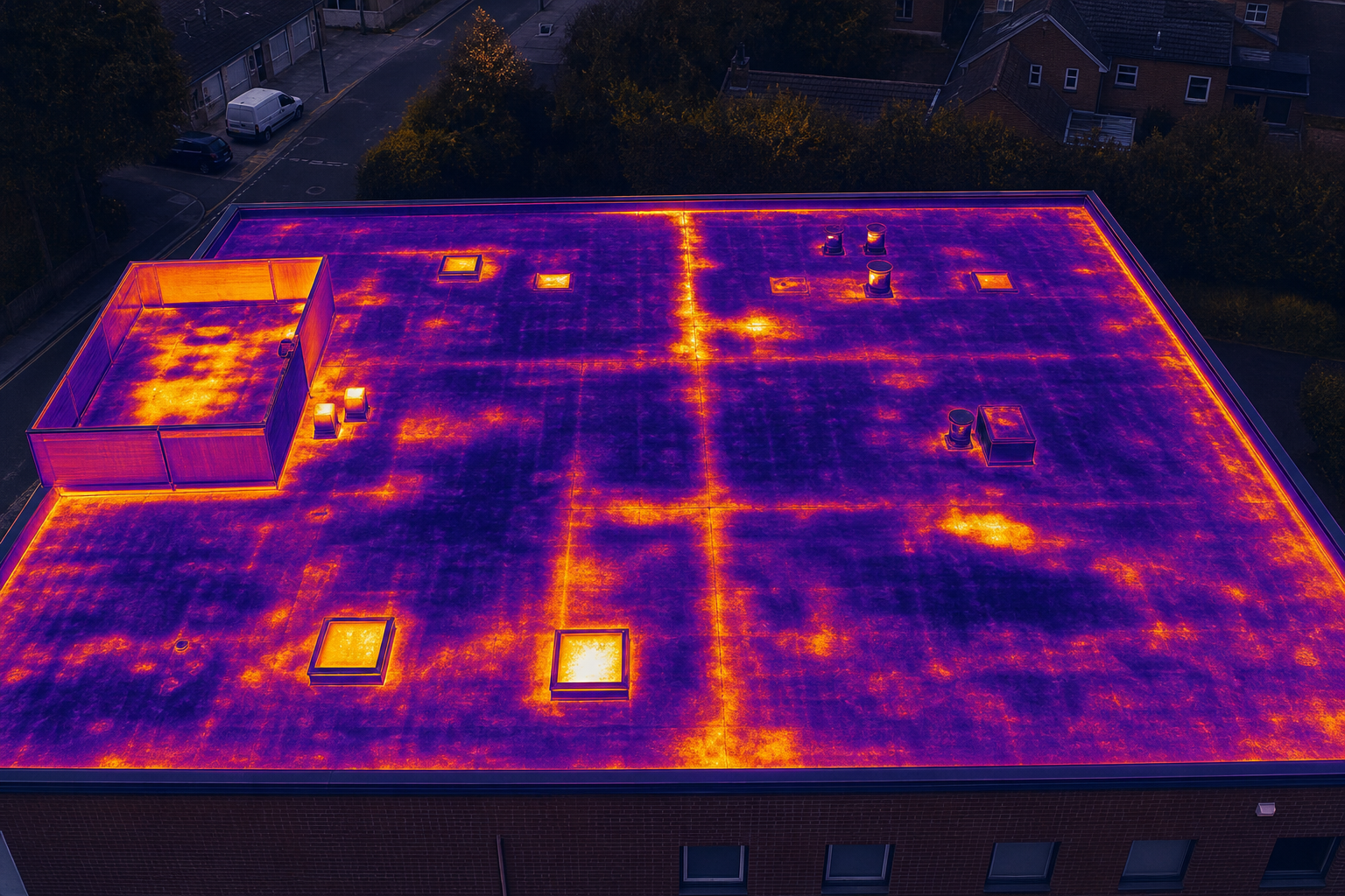 thermal imaging of flat roof showing moisture and defect areas