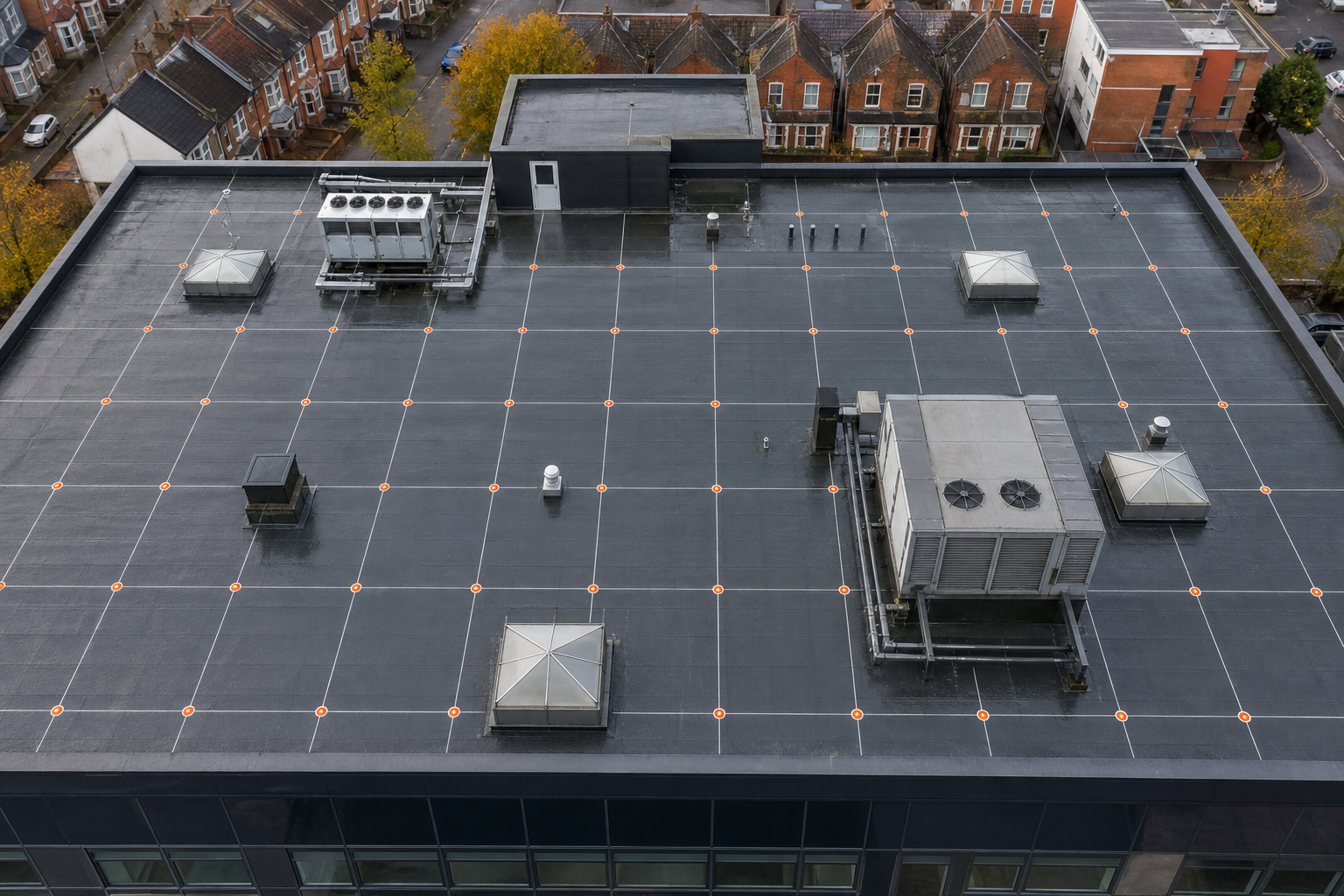 A photorealistic aerial view of a commercial flat roof with a 6‑foot grid overlay, showing marked inspection points and 