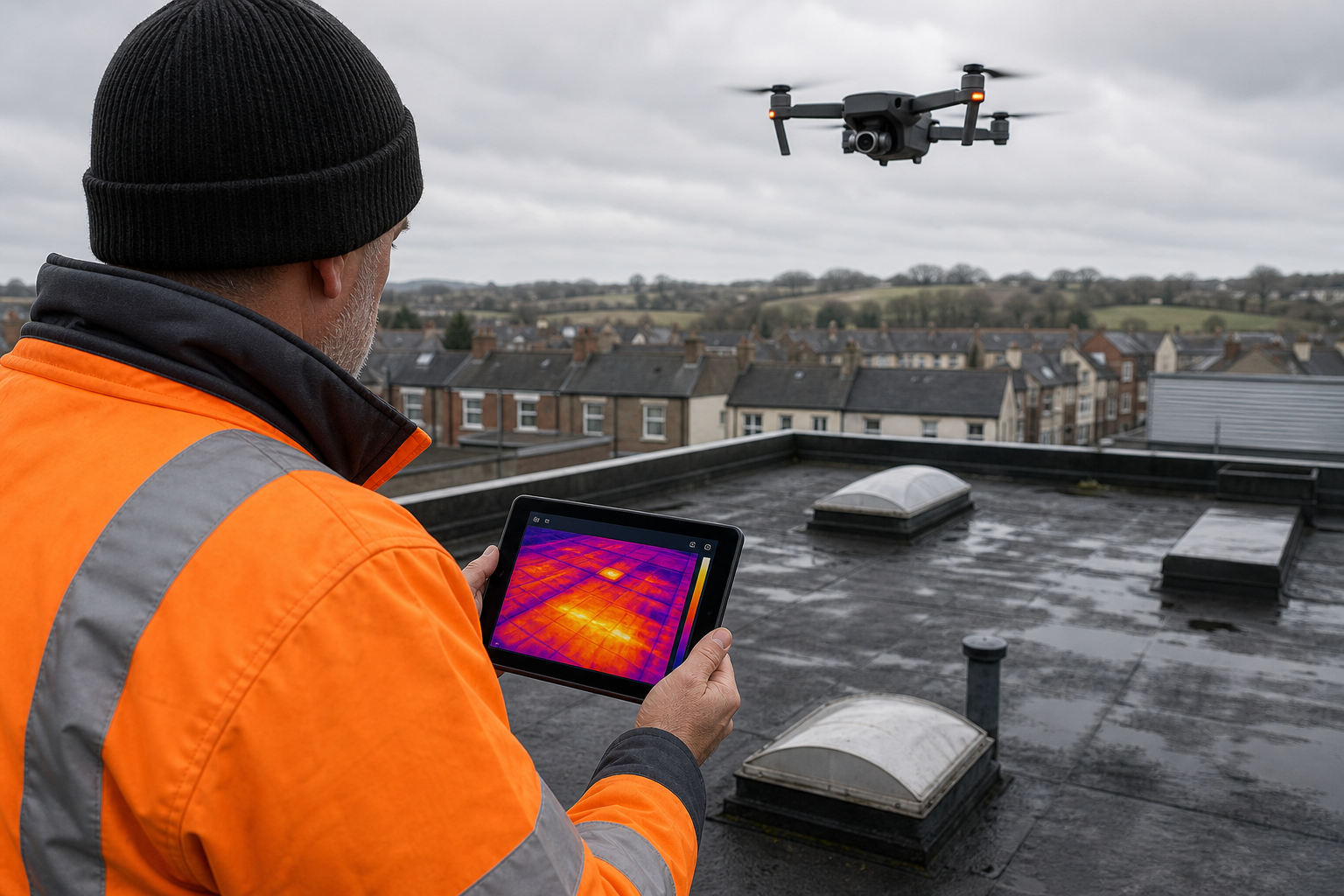A realistic shot of a drone hovering over a commercial flat roof, its thermal camera streaming live data to a tablet hel