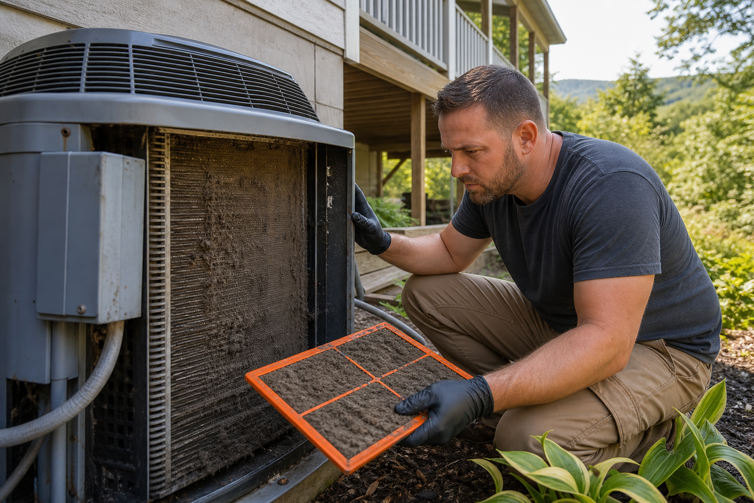 A realistic scene of a residential HVAC unit with visible dust on the coil and a technician examining it, sunny East Ten