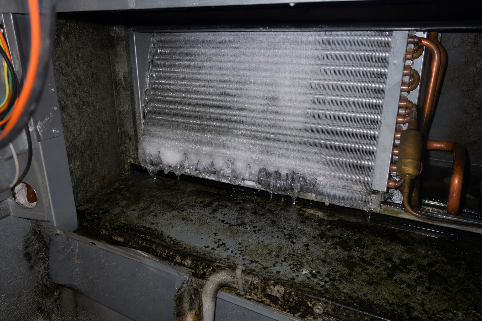 frozen evaporator coil with ice buildup and signs of mold growth.