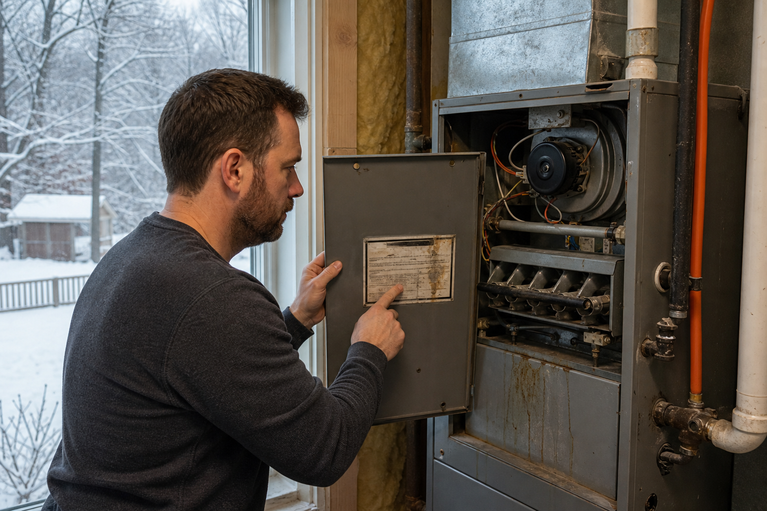 homeowner checking HVAC age and condition in winter