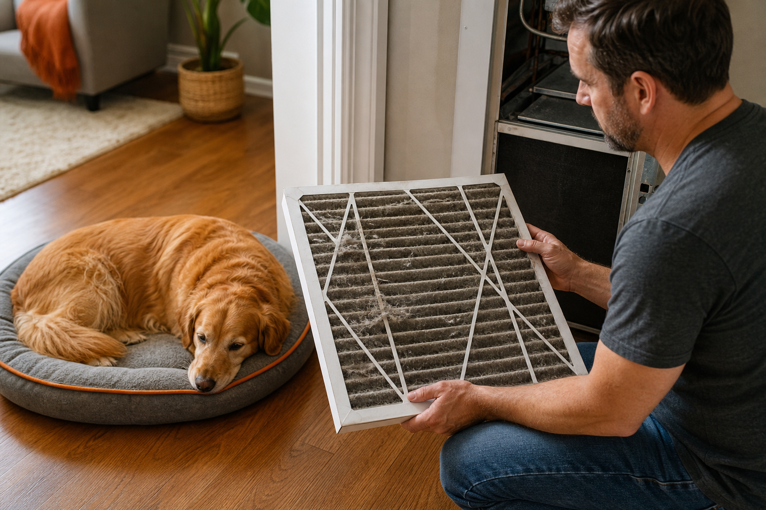 checking HVAC filter in pet‑friendly home
