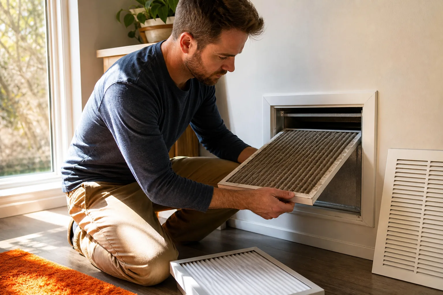 Clean air filter replacement for HVAC system.