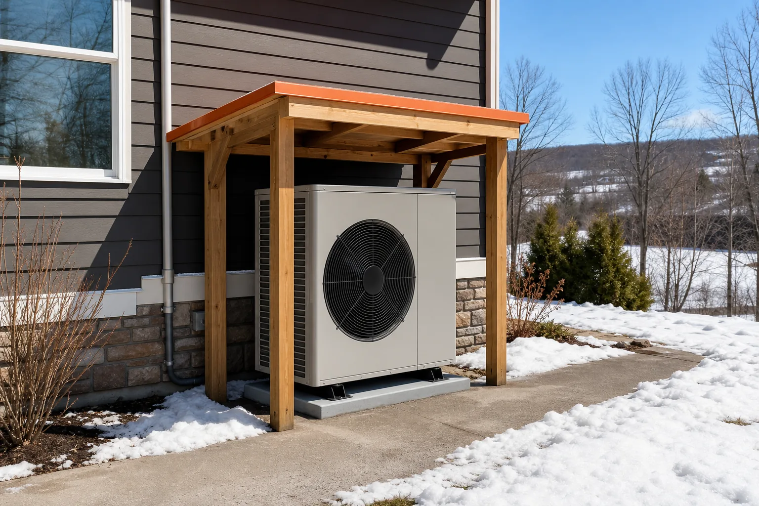 Outdoor heat pump protected without a full cover.