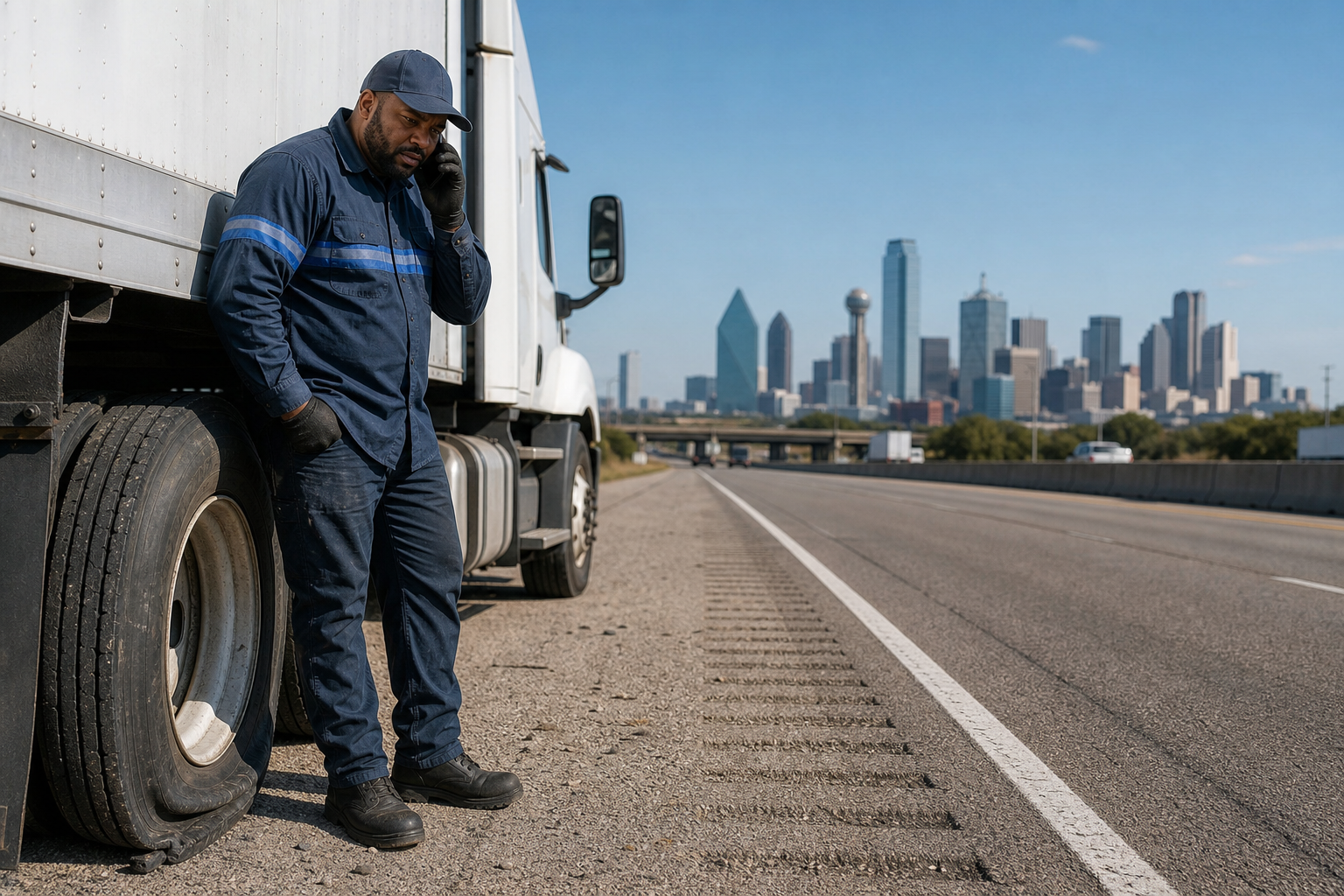 A realistic scene of a commercial truck driver standing beside a flat tire on a highway shoulder, daylight, DFW skyline