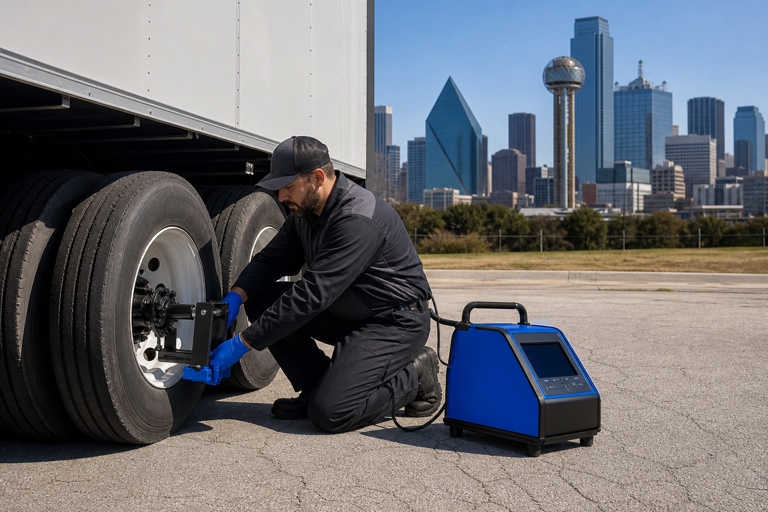 A realistic scene of a mobile tire technician kneeling beside a commercial truck, using a portable tire balancer, with t